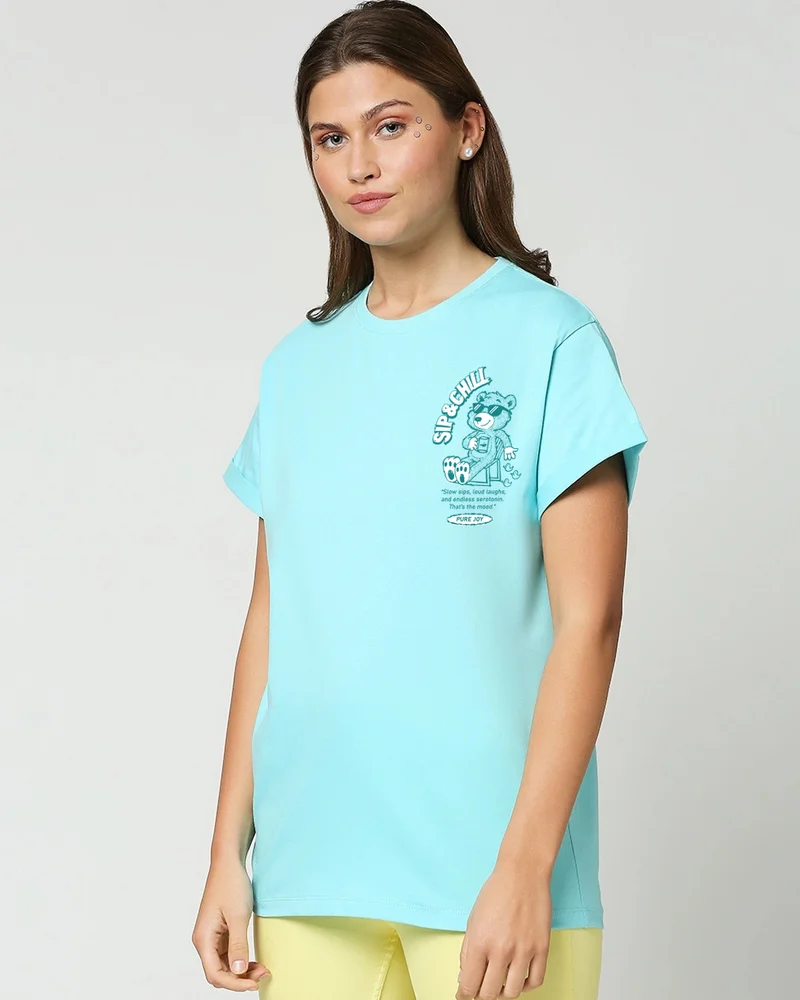 بيواكوف Women's Aqua Sky Blue Sip Chill Graphic Printed Boyfriend T-shirt